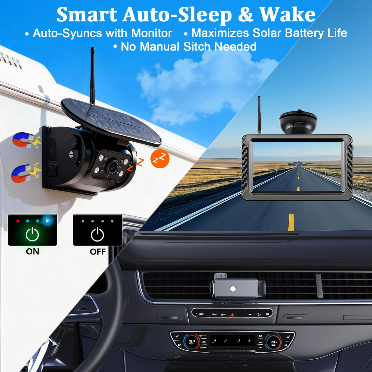 Magnetic Solar Wireless Backup Camera with 5" HD Monitor M3639