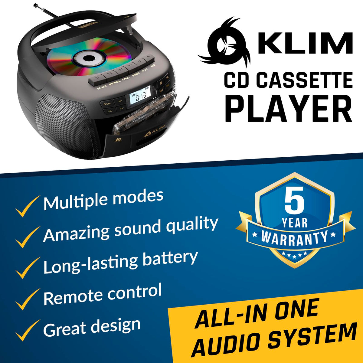 Black CD Cassette Player Boombox with Bluetooth and AM FM Radio J47158