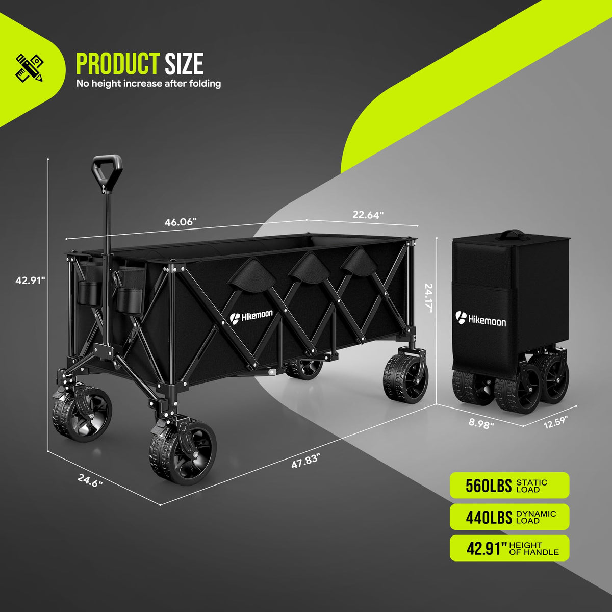 48'' Extra Large Collapsible Wagon with Big Wheels, 300L Black J751