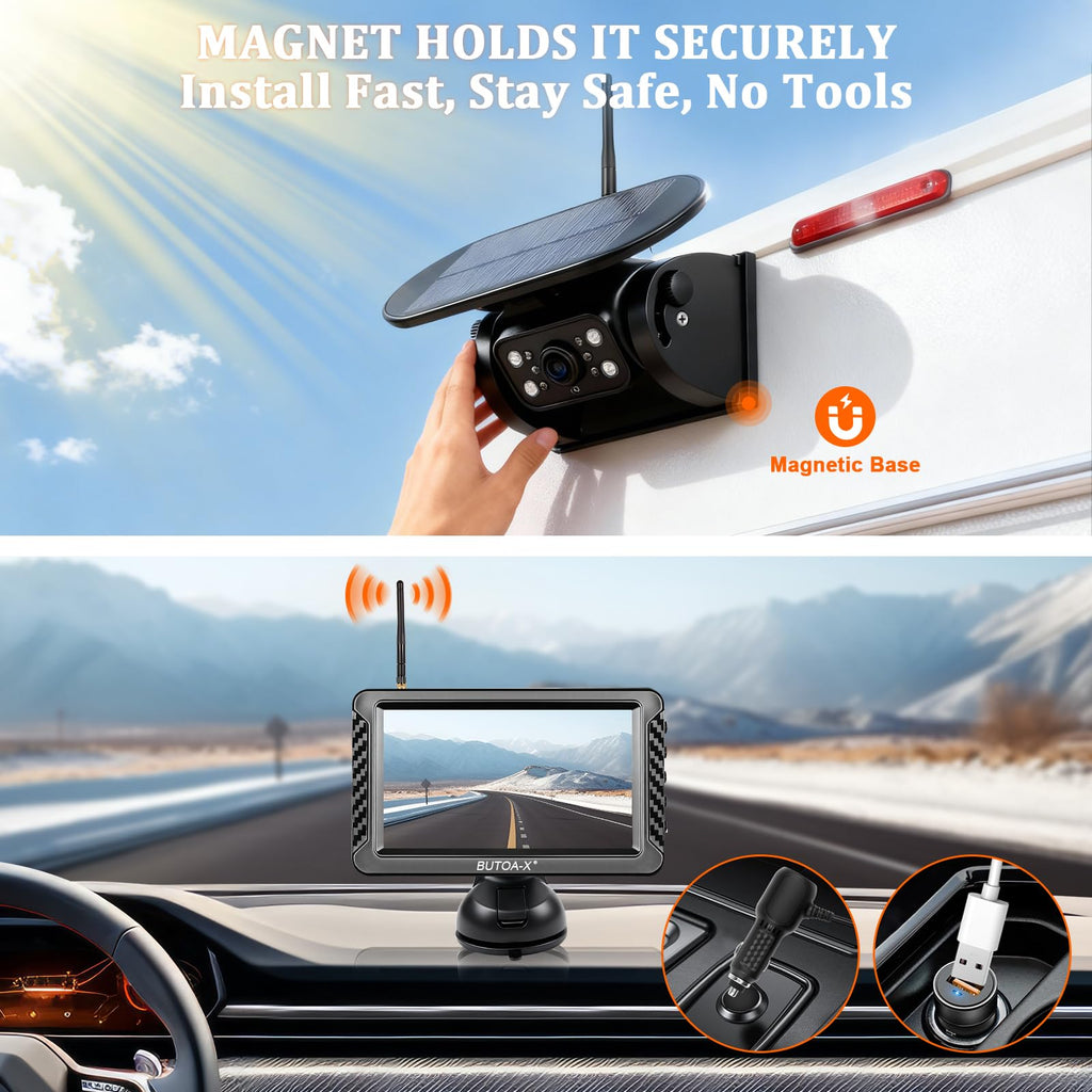 Magnetic Solar Wireless Backup Camera with 5" HD Monitor M3639