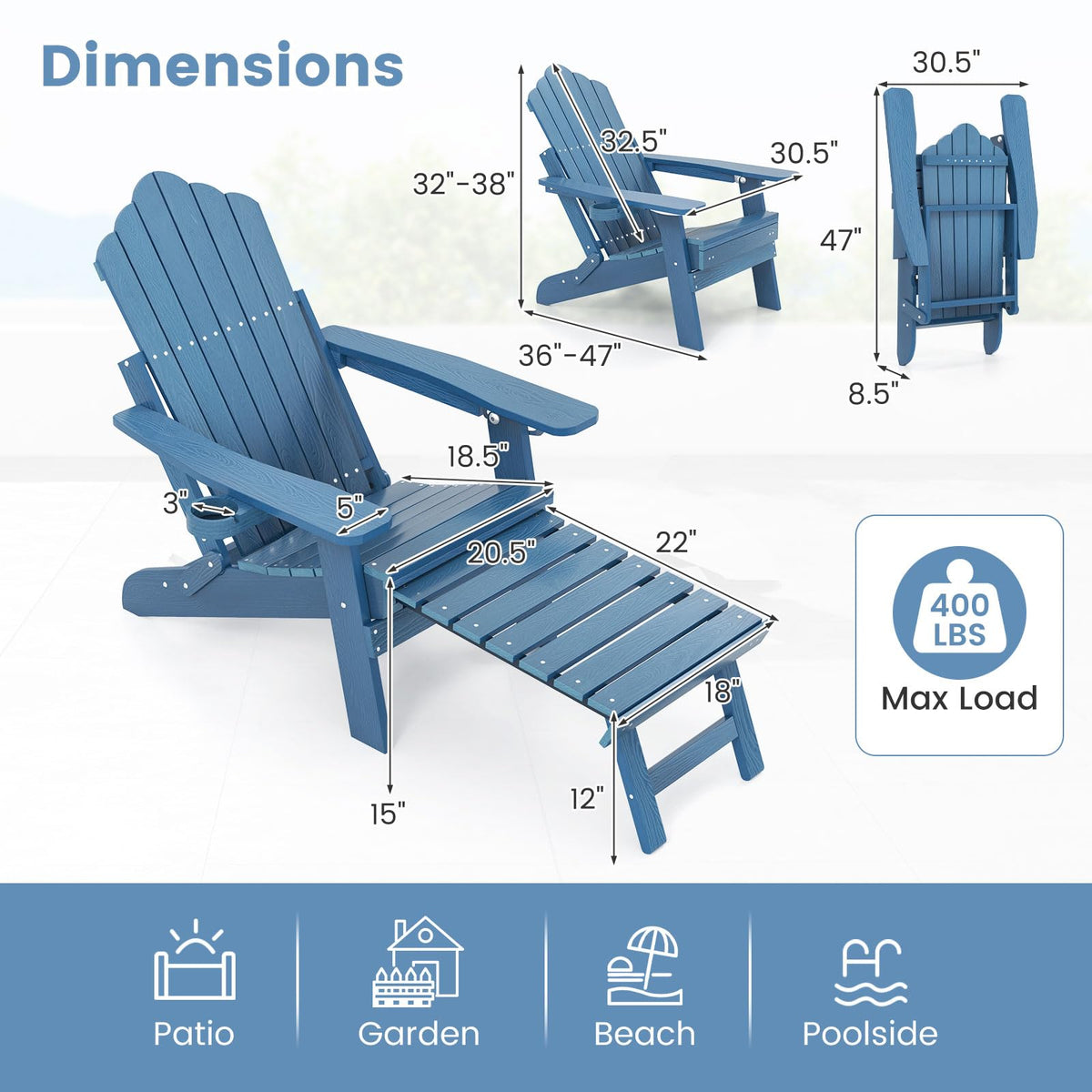 Folding Adirondack Chair with Adjustable Backrest and Ottoman I3534