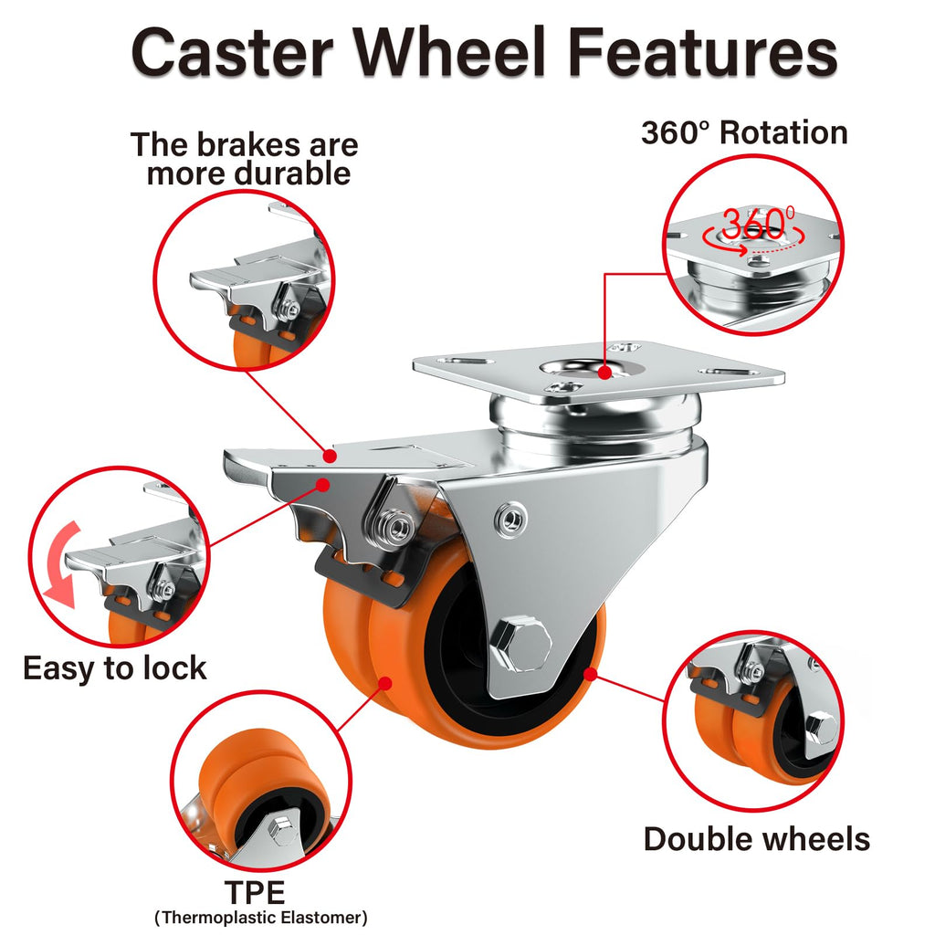 2" Double Wheel Casters with Brake 4 Pack C708