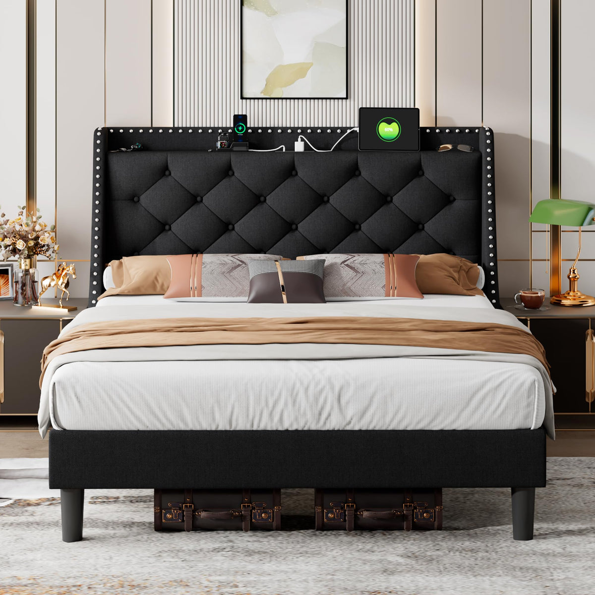 Queen Upholstered Platform Bed with Storage Headboard, Black A963