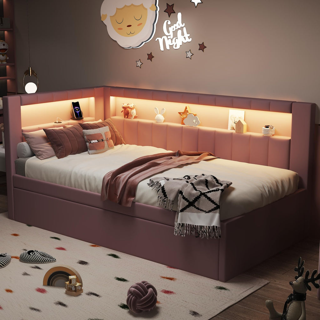 Twin Size Upholstered Linen Daybed with Trundle and Storage Headboard Y39680