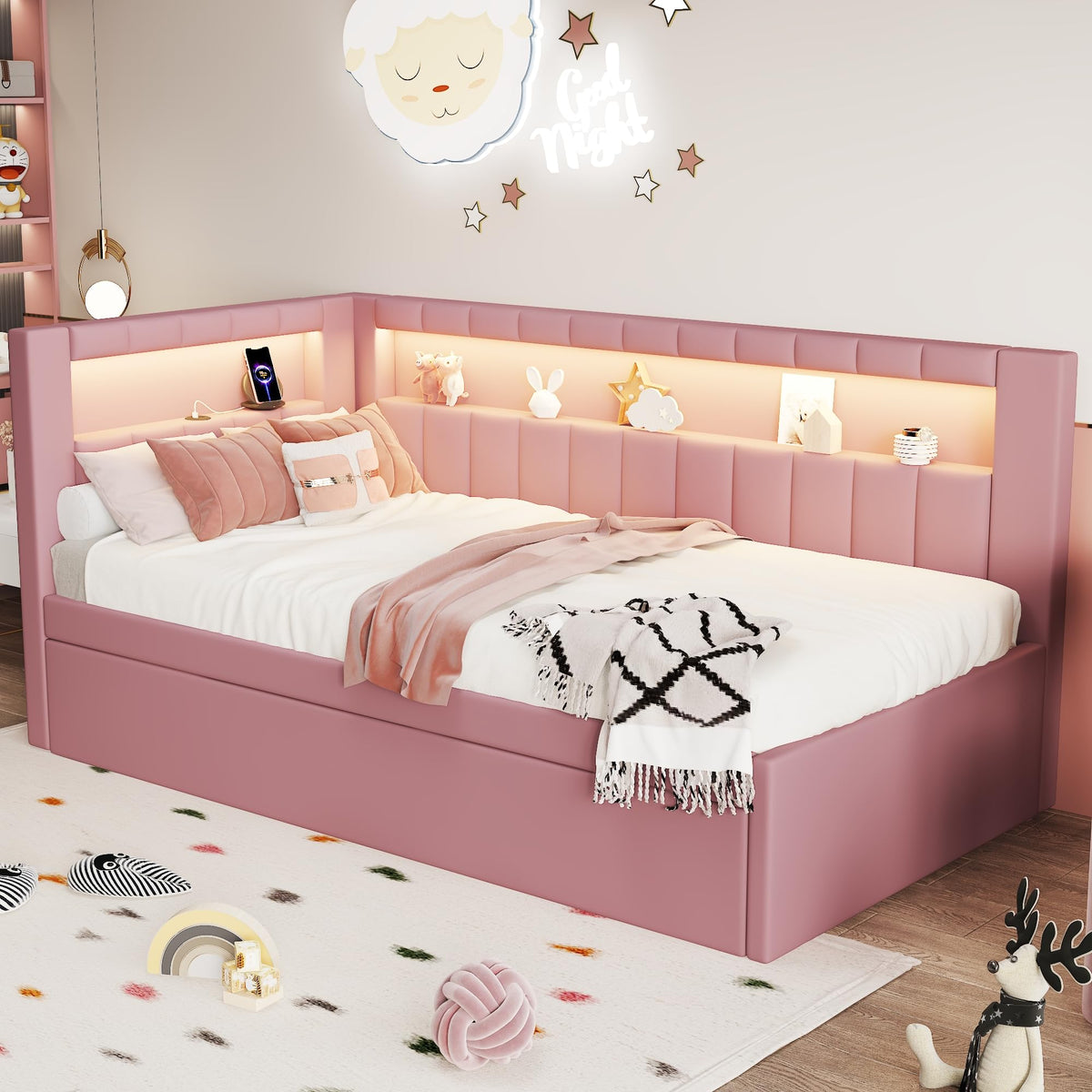 Twin Size Upholstered Linen Daybed with Trundle and Storage Headboard Y39680