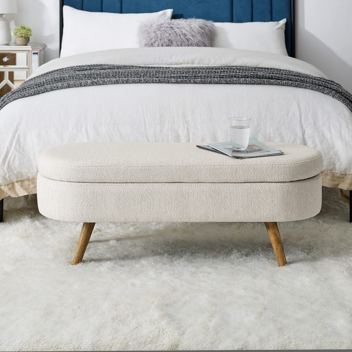 Beige Oval Storage Ottoman Bench with Rubber Wood Legs R502283