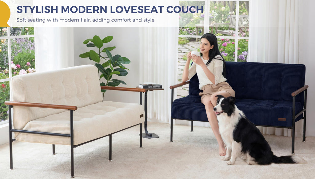 Loveseat Sofa Chair with Metal Frame and Wood Armrests P58124