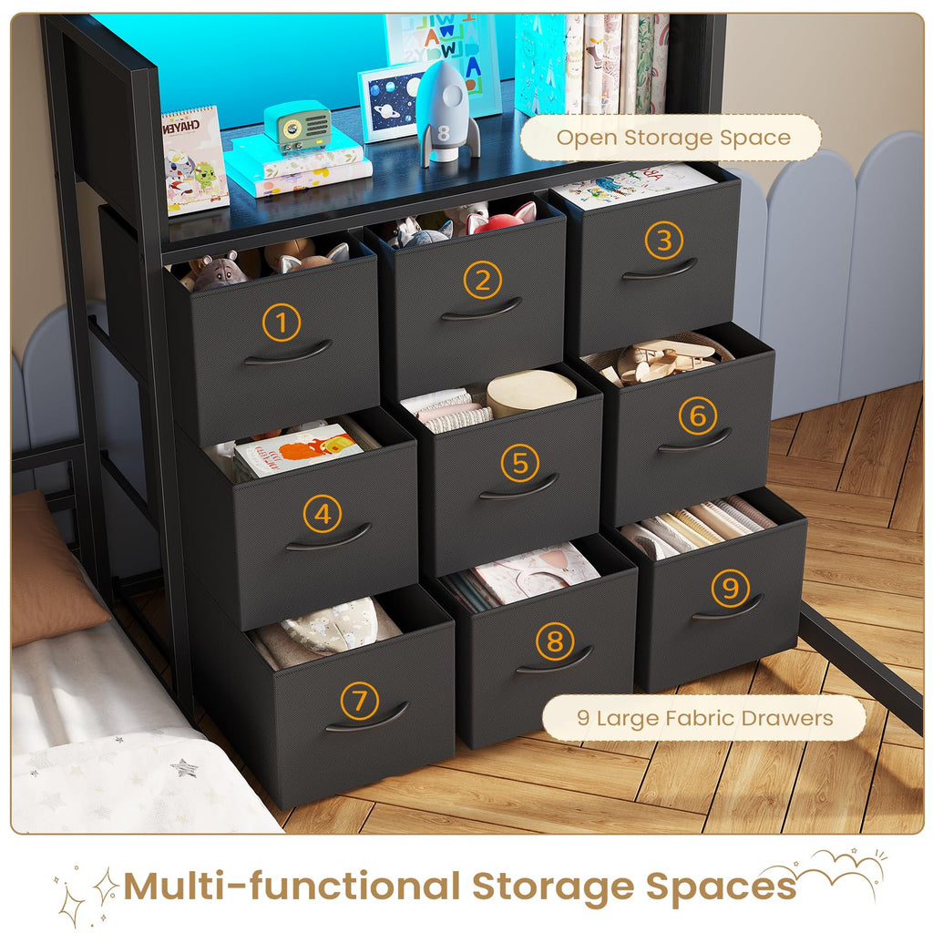 Twin Over Twin L-Shaped Bunk Bed with 9 Storage Drawers, LED Lights, Guardrail & Ladder, Black L15672