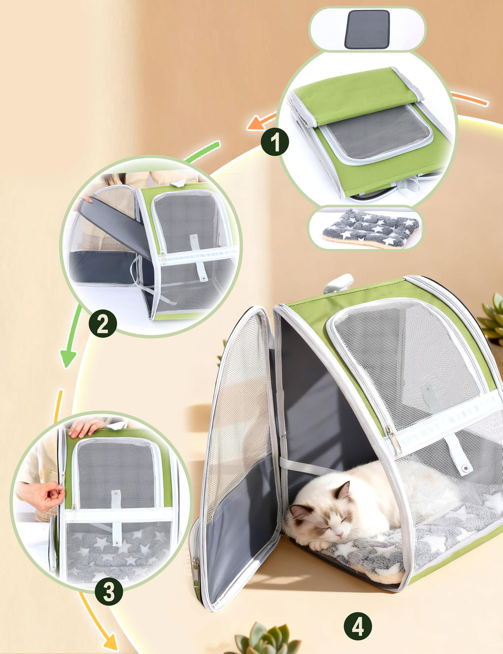 Cat Backpack Carrier with Washable Bed Mat Green A6583