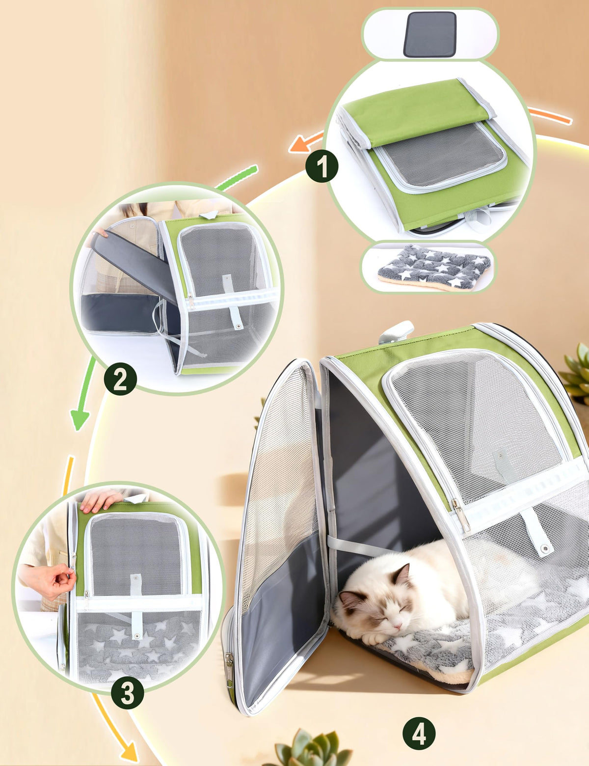 Cat Backpack Carrier with Washable Bed Mat Green A6583