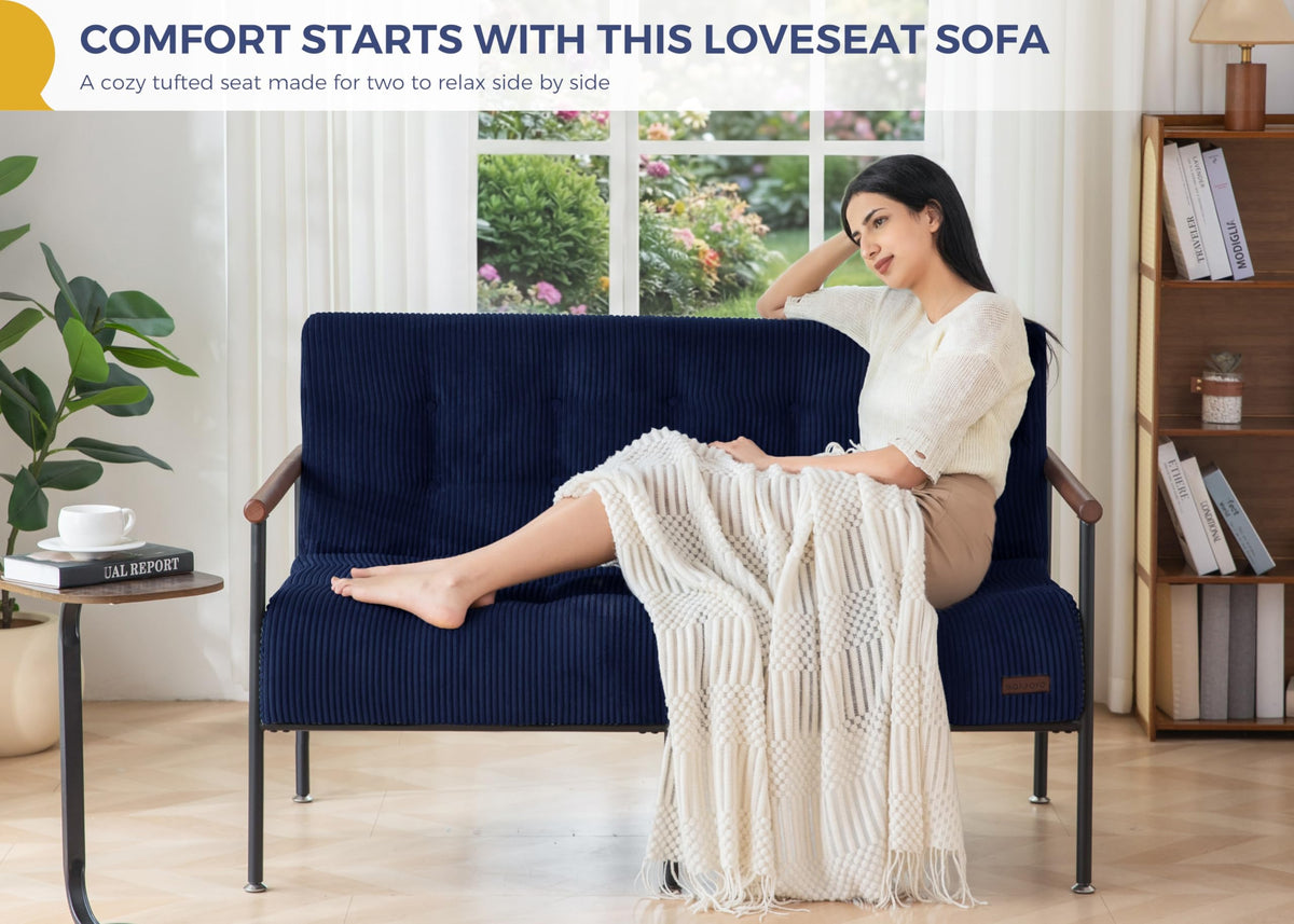 Loveseat Sofa Chair with Metal Frame and Wood Armrests P58124