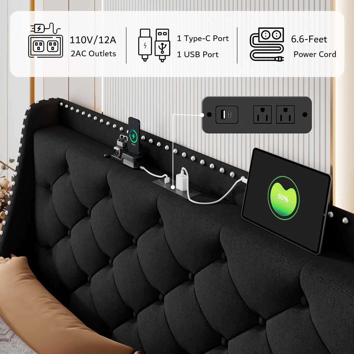 Queen Upholstered Platform Bed with Storage Headboard, Black A963