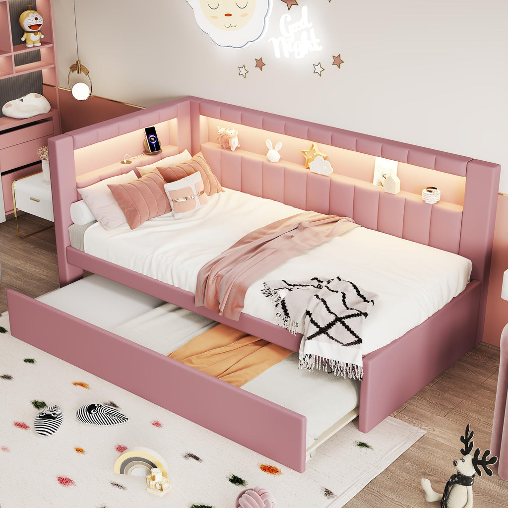Twin Size Upholstered Linen Daybed with Trundle and Storage Headboard Y39680