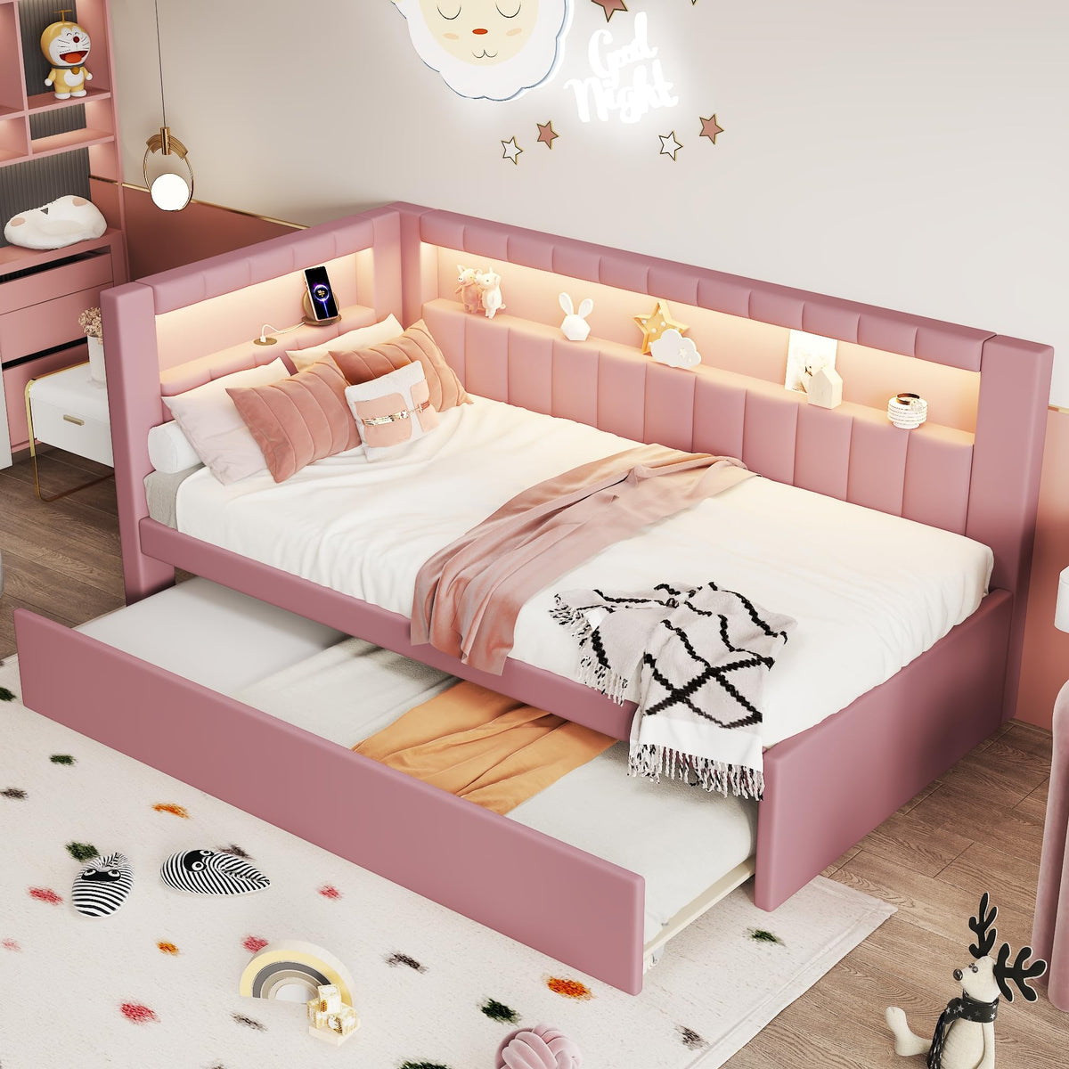 Twin Size Upholstered Linen Daybed with Trundle and Storage Headboard Y39680