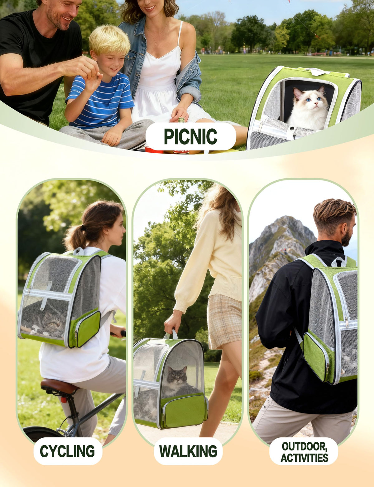 Cat Backpack Carrier with Washable Bed Mat Green A6583