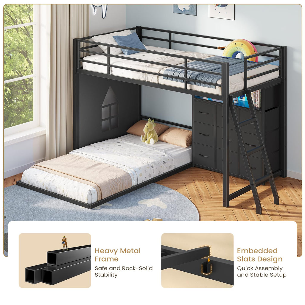 Twin Over Twin L-Shaped Bunk Bed with 9 Storage Drawers, LED Lights, Guardrail & Ladder, Black L15672