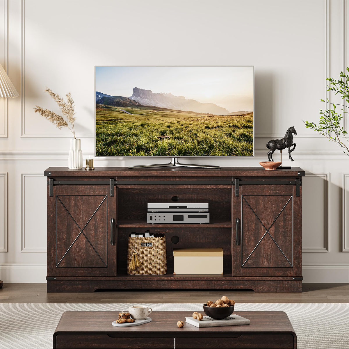 Farmhouse TV Stand with Sliding Barn Doors O329