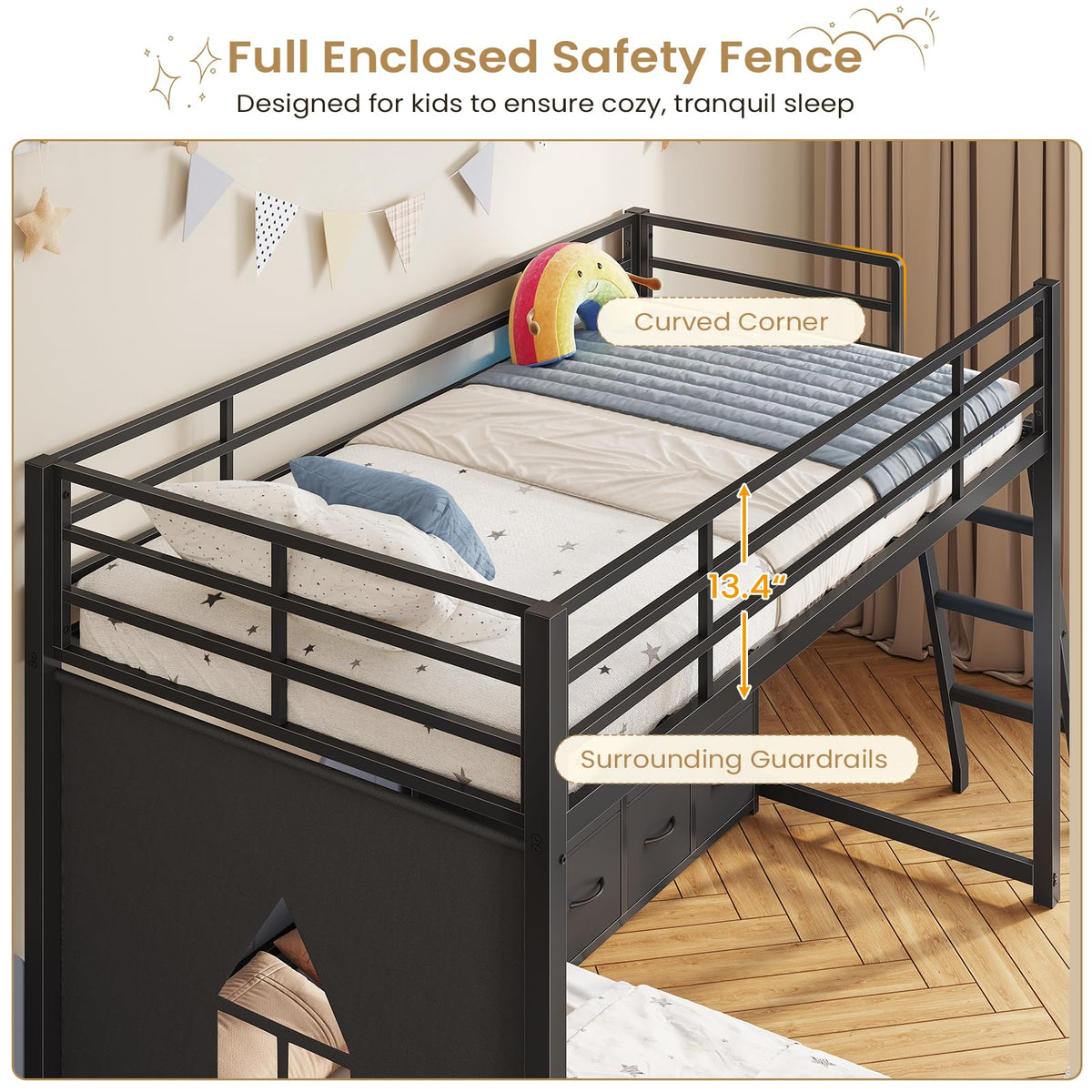 Twin Over Twin L-Shaped Bunk Bed with 9 Storage Drawers, LED Lights, Guardrail & Ladder, Black L15672