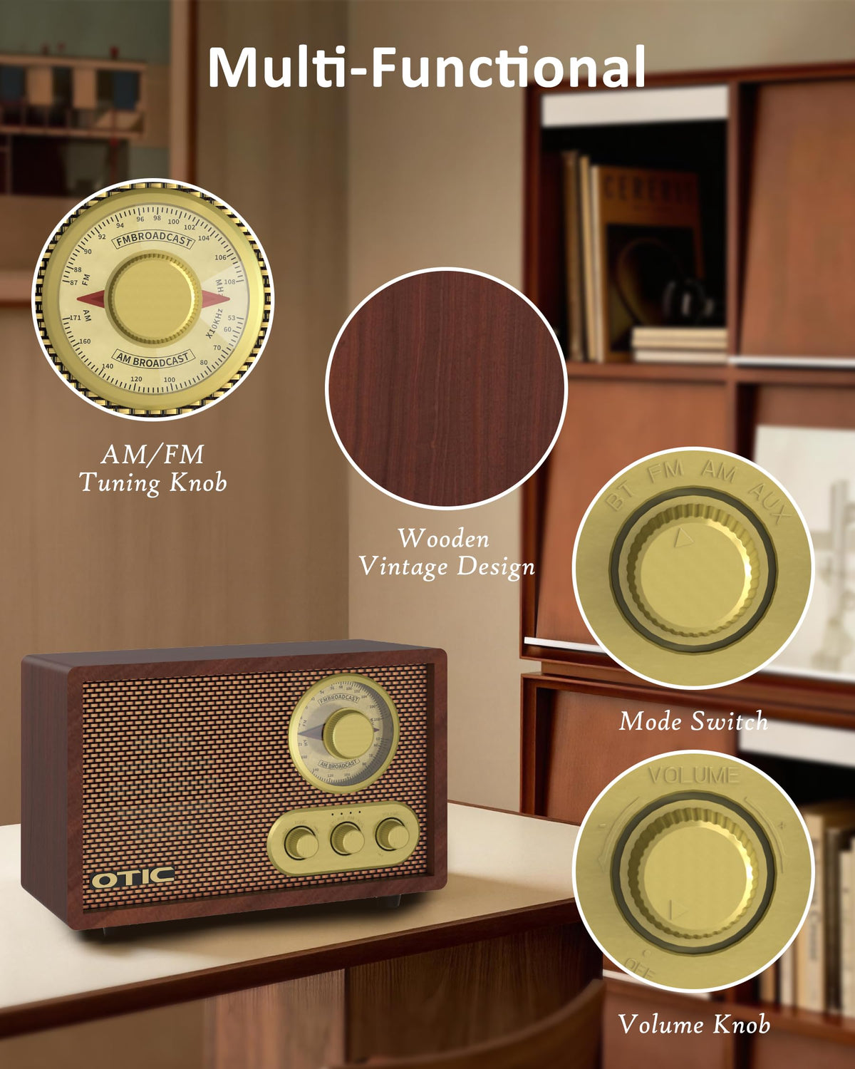 Vintage Wood AM/FM Bluetooth Radio with Speakers G2850