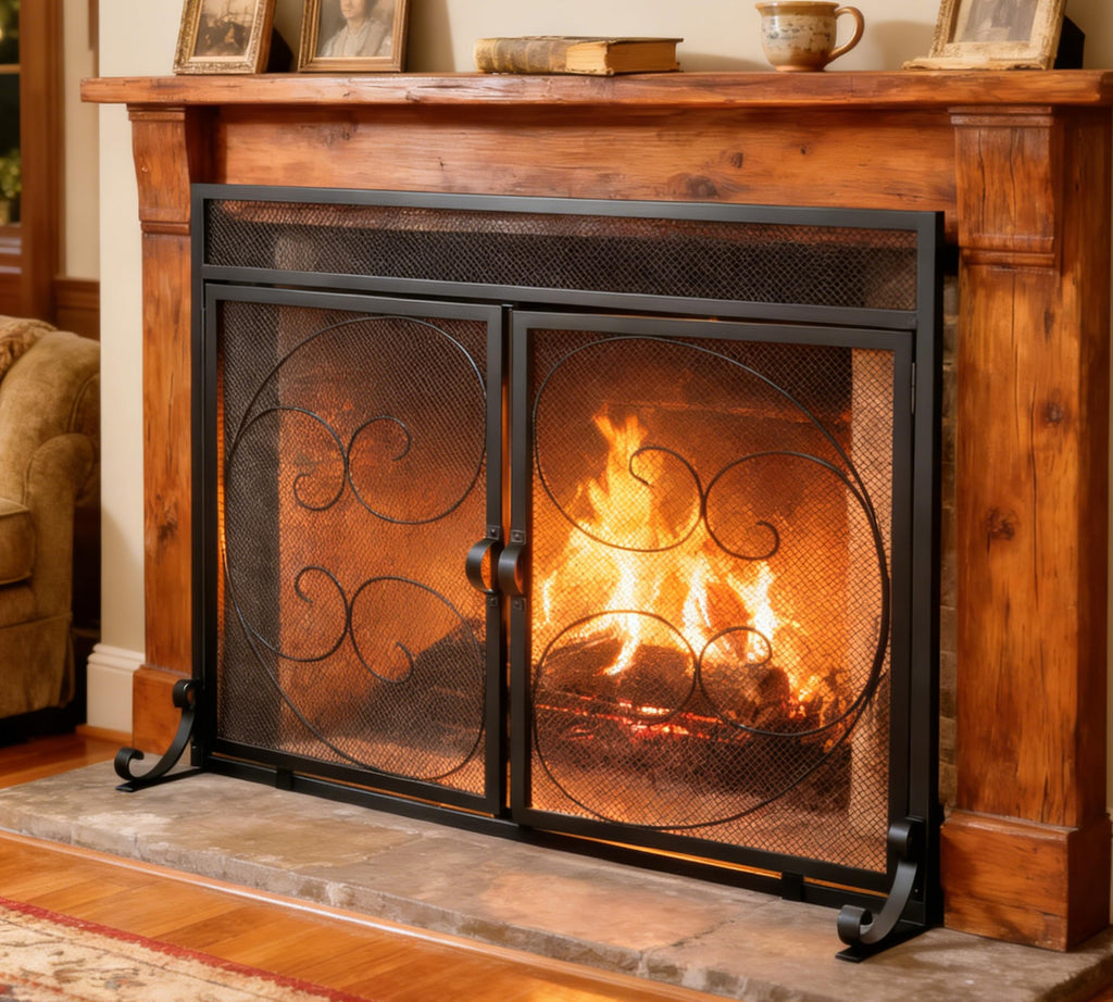 Wrought Iron Fireplace Screen with Magnetic Double Doors Black H740