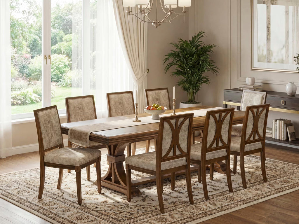9 Piece Dining Table Set with 8 Light Beige Fabric Chairs R83804