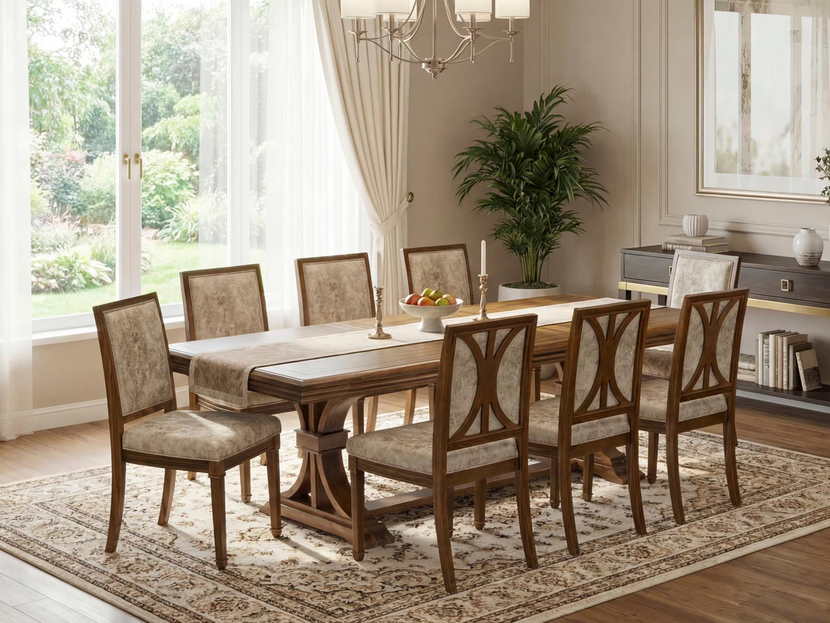 9 Piece Dining Table Set with 8 Light Beige Fabric Chairs R83804