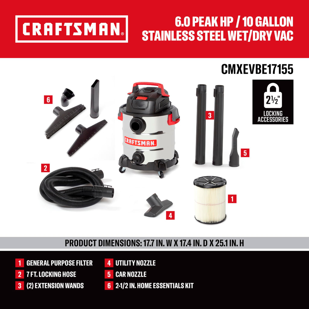 10 Gallon 6.0 Peak HP Stainless Steel Vacuum U4872