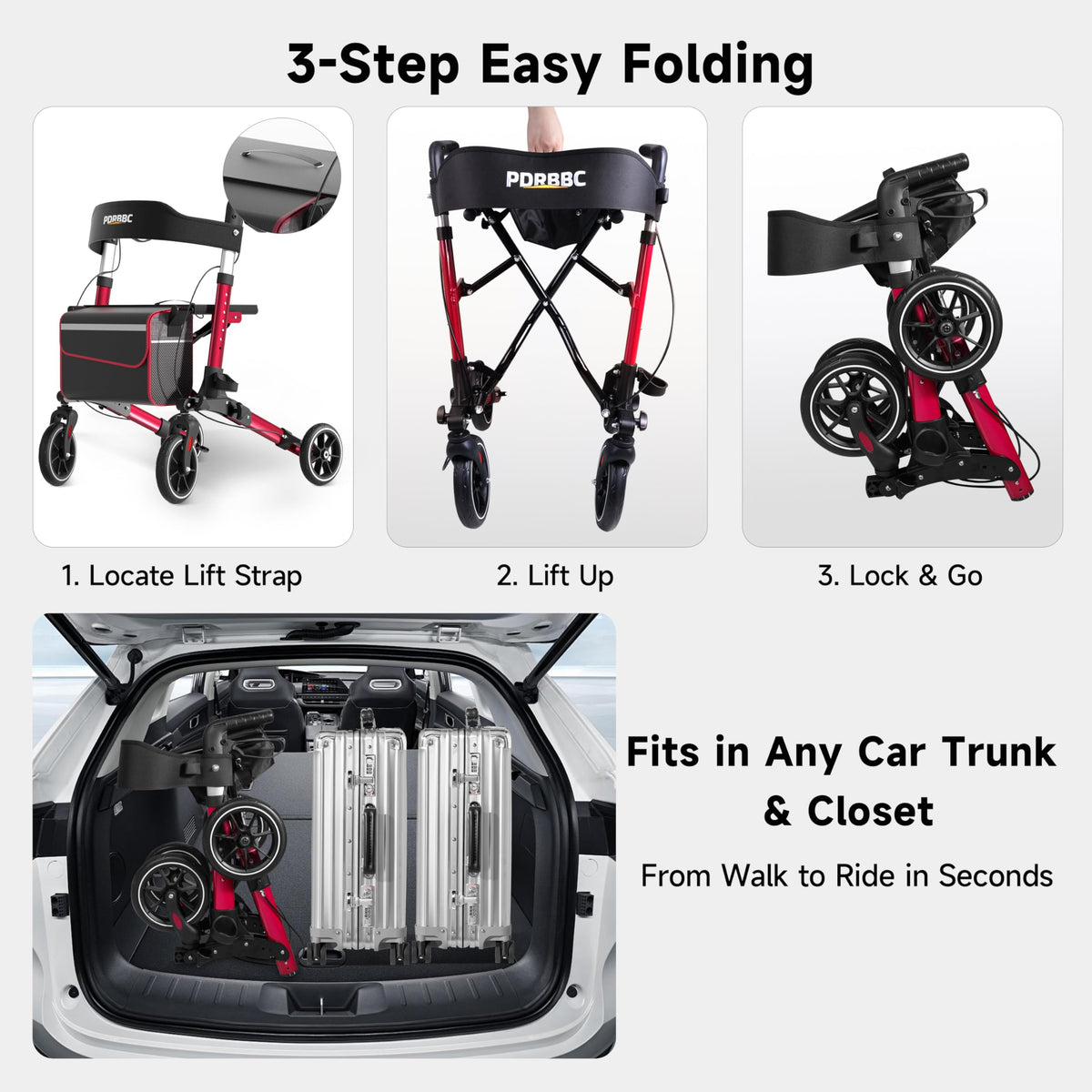 Red Foldable Lightweight Aluminum Rollator Walker with Seat and Brakes C439602