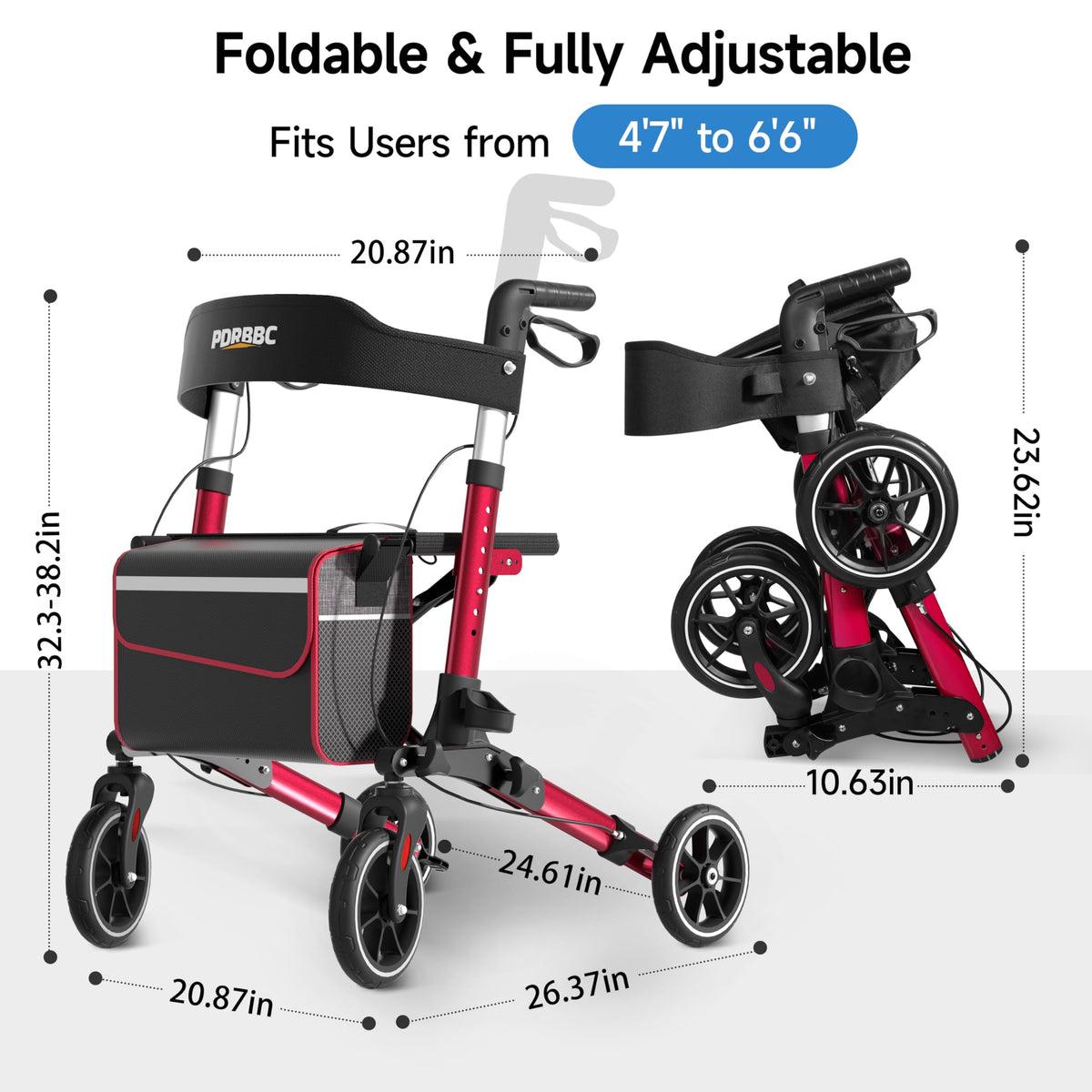 Red Foldable Lightweight Aluminum Rollator Walker with Seat and Brakes C439602