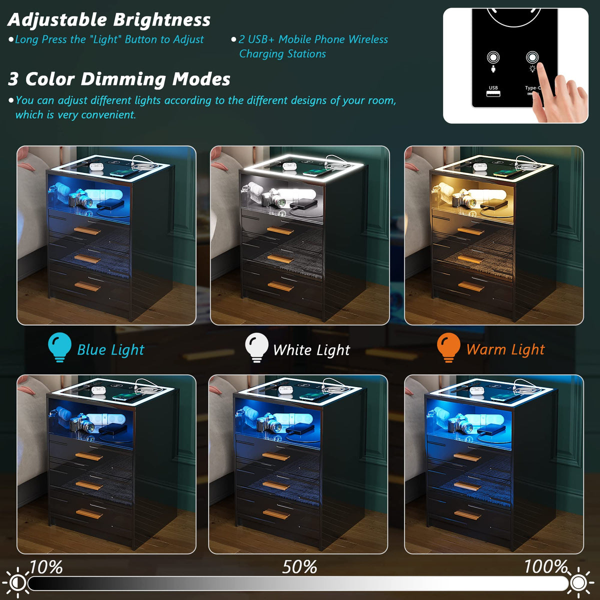 Black High Gloss Nightstand with Wireless Charging Station A14020
