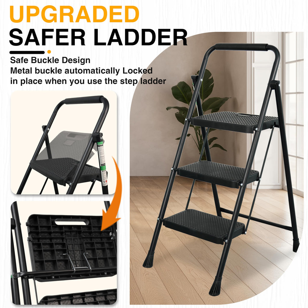 Portable Steel Folding Step Stool, 3-Step, Black V500