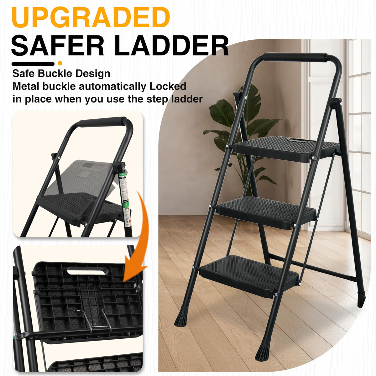 Portable Steel Folding Step Stool, 3-Step, Black V500