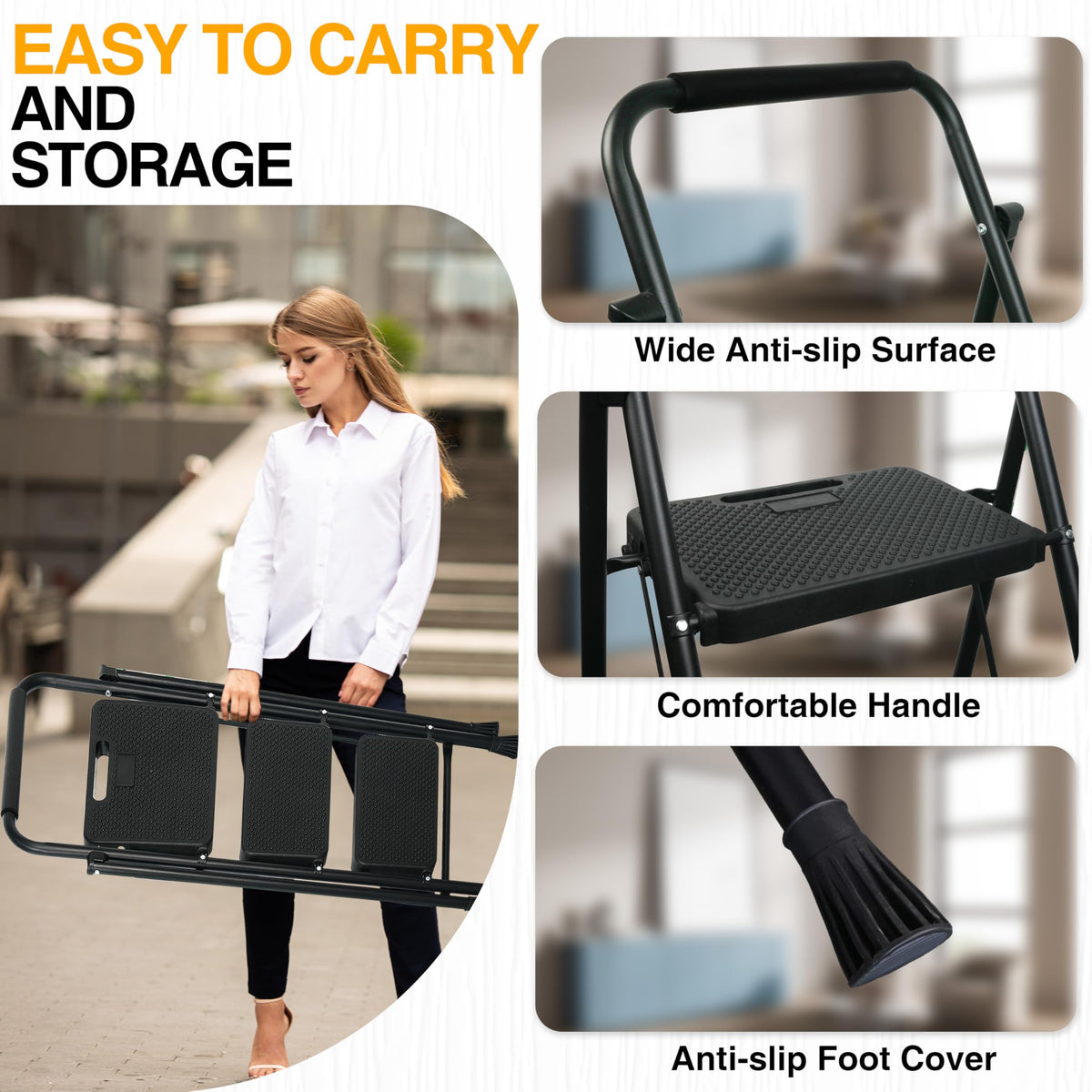 Portable Steel Folding Step Stool, 3-Step, Black V500