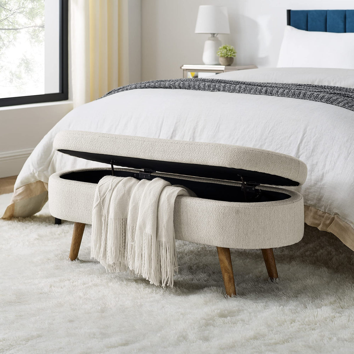 Beige Oval Storage Ottoman Bench with Rubber Wood Legs R502283