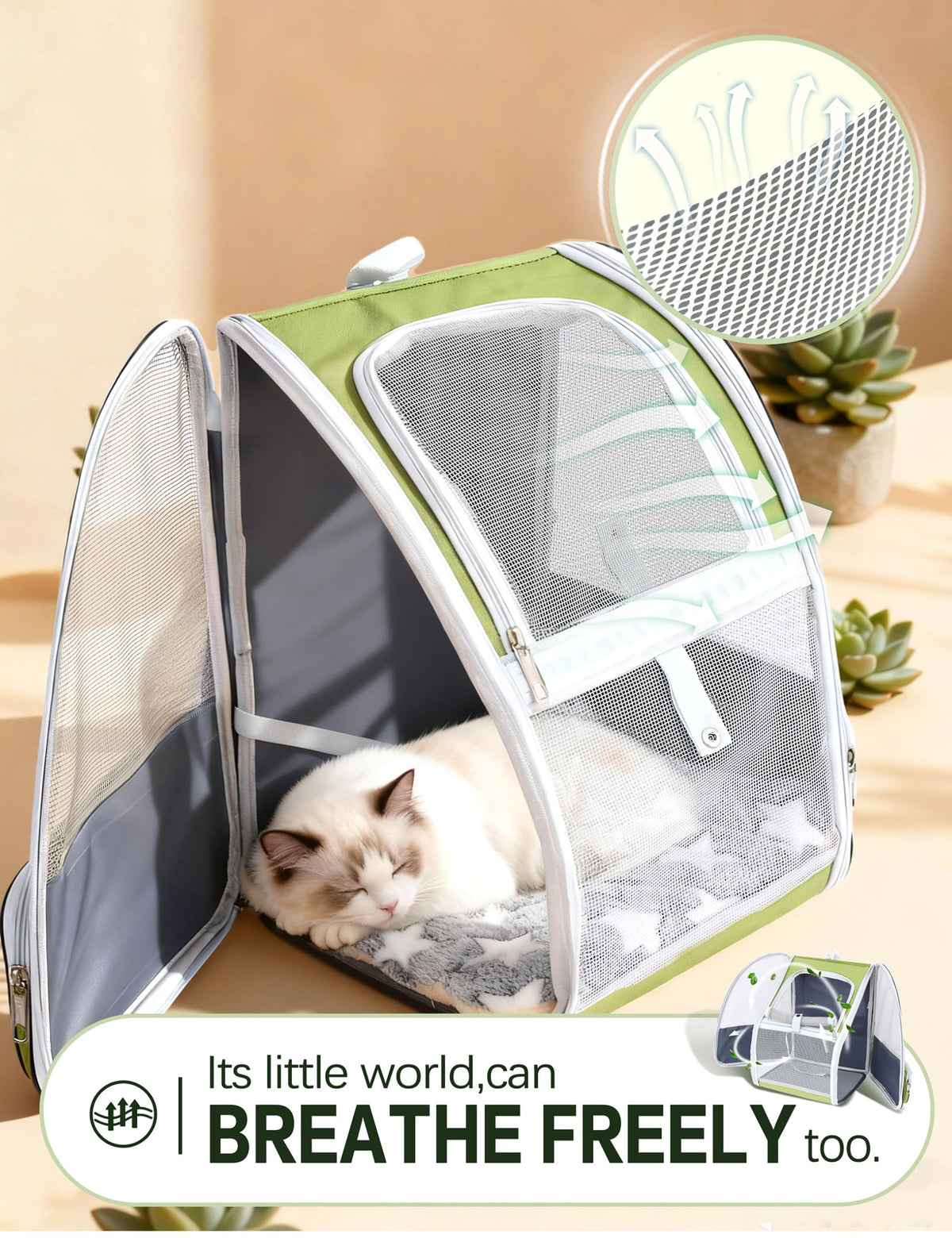 Cat Backpack Carrier with Washable Bed Mat Green A6583