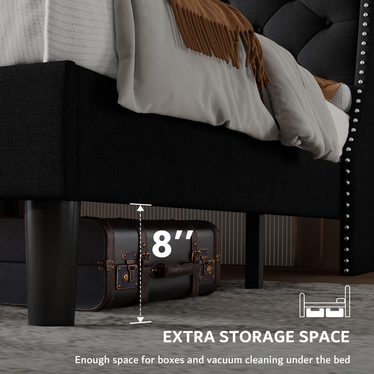 Queen Upholstered Platform Bed with Storage Headboard, Black A963