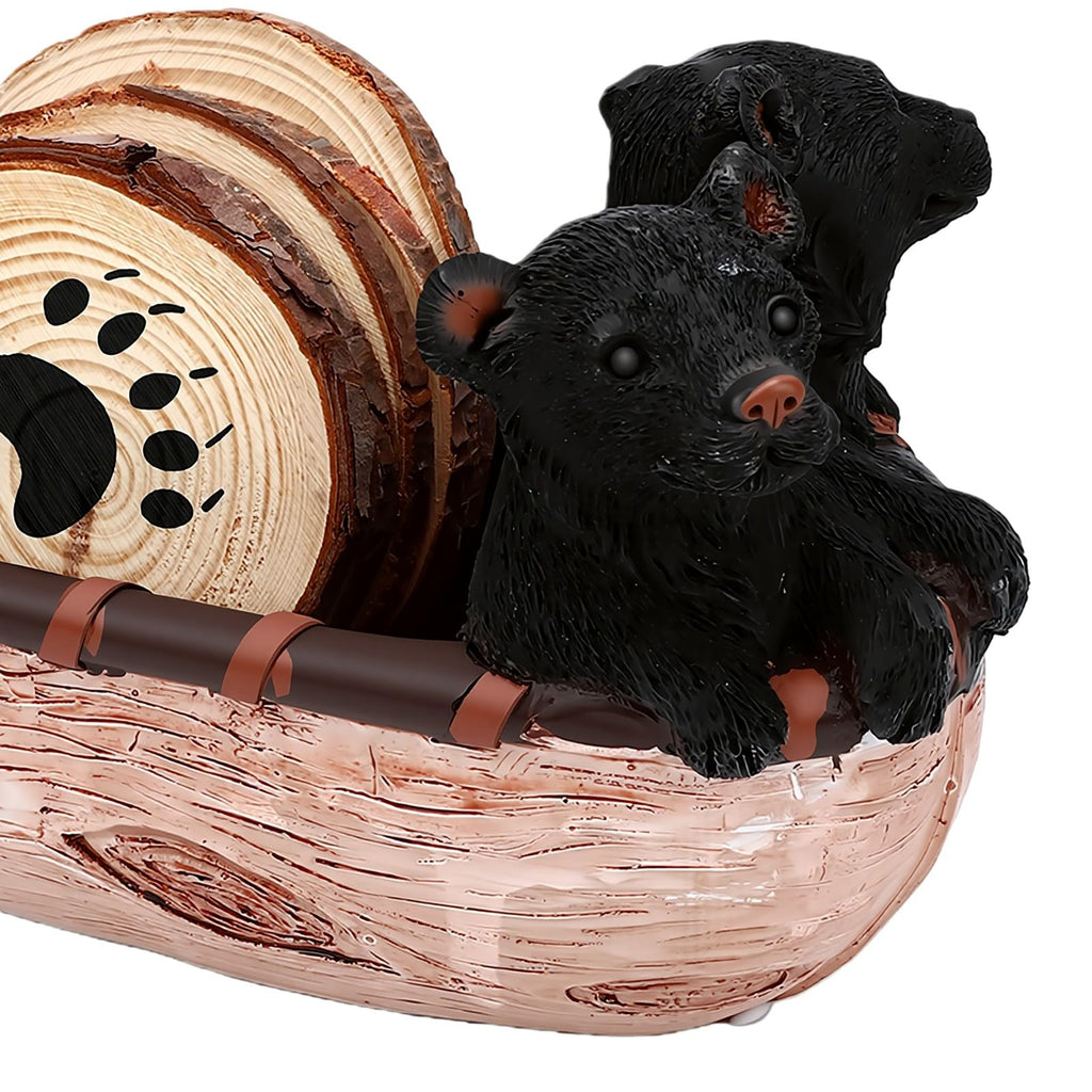 Set of 6 Black Bear Coaster Set with Canoe Holder P64906