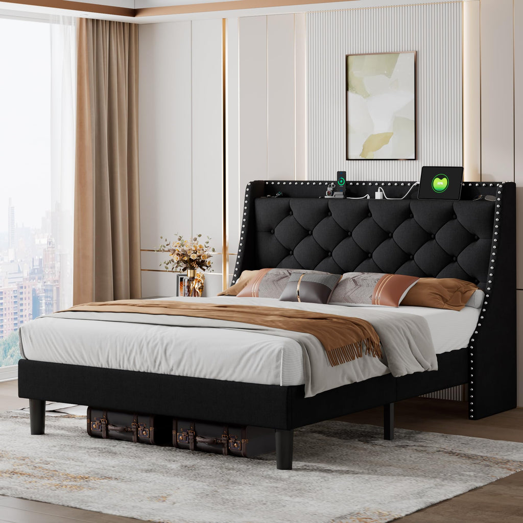 Queen Upholstered Platform Bed with Storage Headboard, Black A963