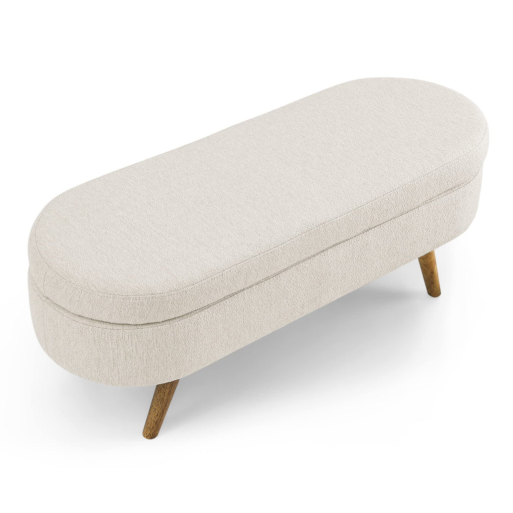 Beige Oval Storage Ottoman Bench with Rubber Wood Legs R502283