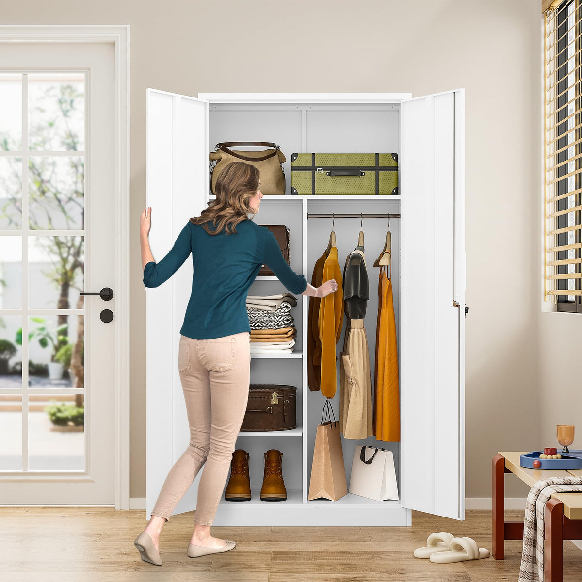 White Metal Storage Cabinet with Hanging Rod and Lock L92996