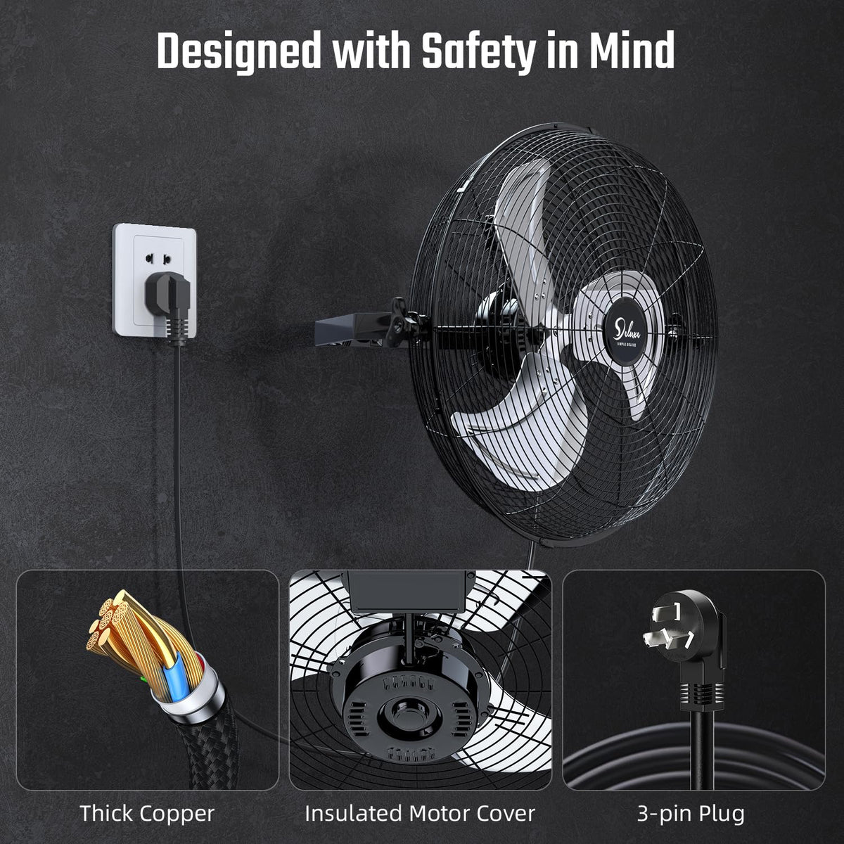 20 Inch High Velocity 3 Speed Black Wall-Mount Fan Y7698