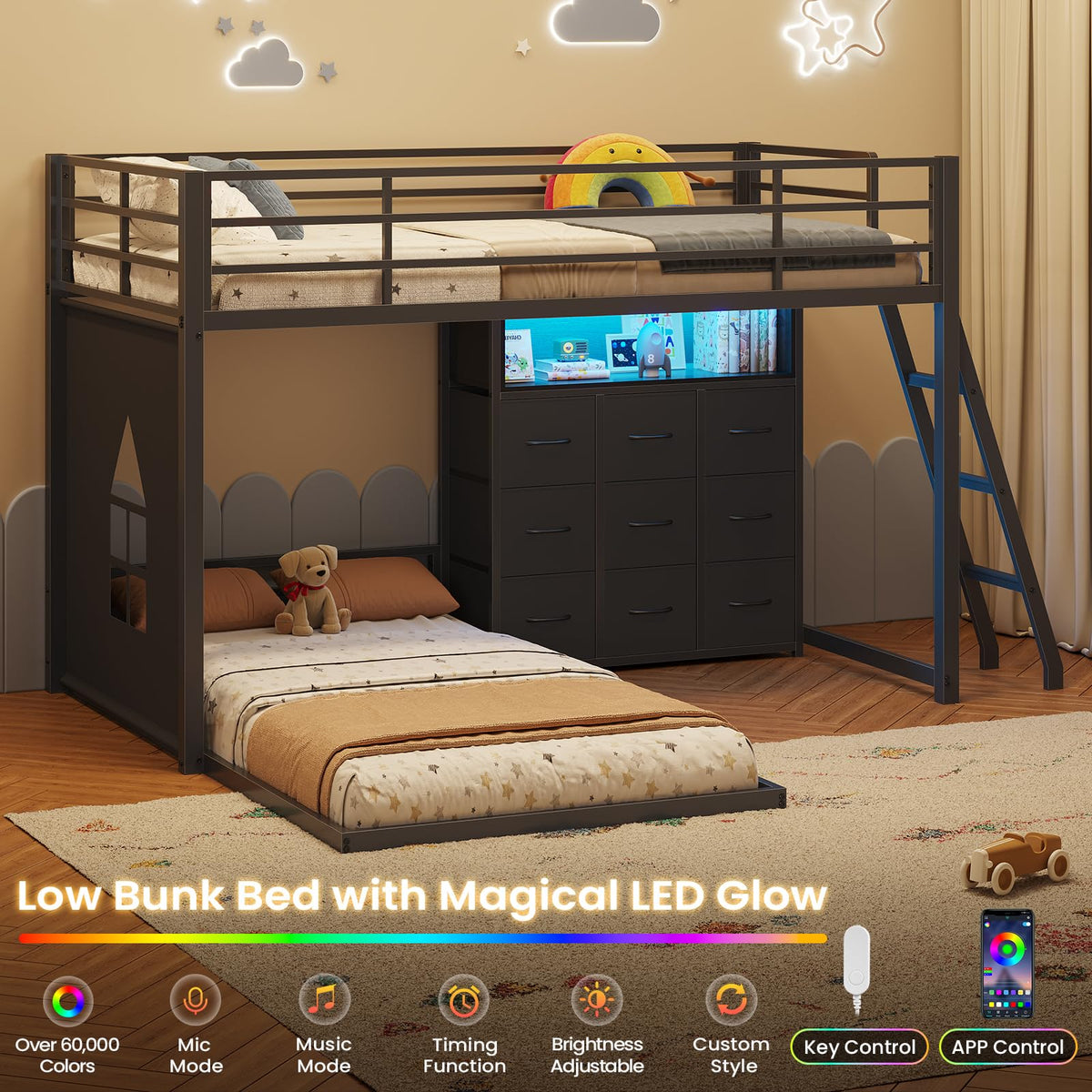 Twin Over Twin L-Shaped Bunk Bed with 9 Storage Drawers, LED Lights, Guardrail & Ladder, Black L15672