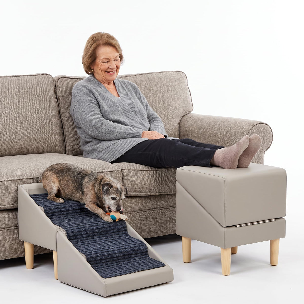 Foldable Dog Cat Stair Ramp Solid Wood Ottoman 18in H A4494