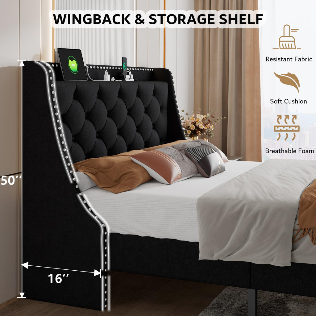 Queen Upholstered Platform Bed with Storage Headboard, Black A963