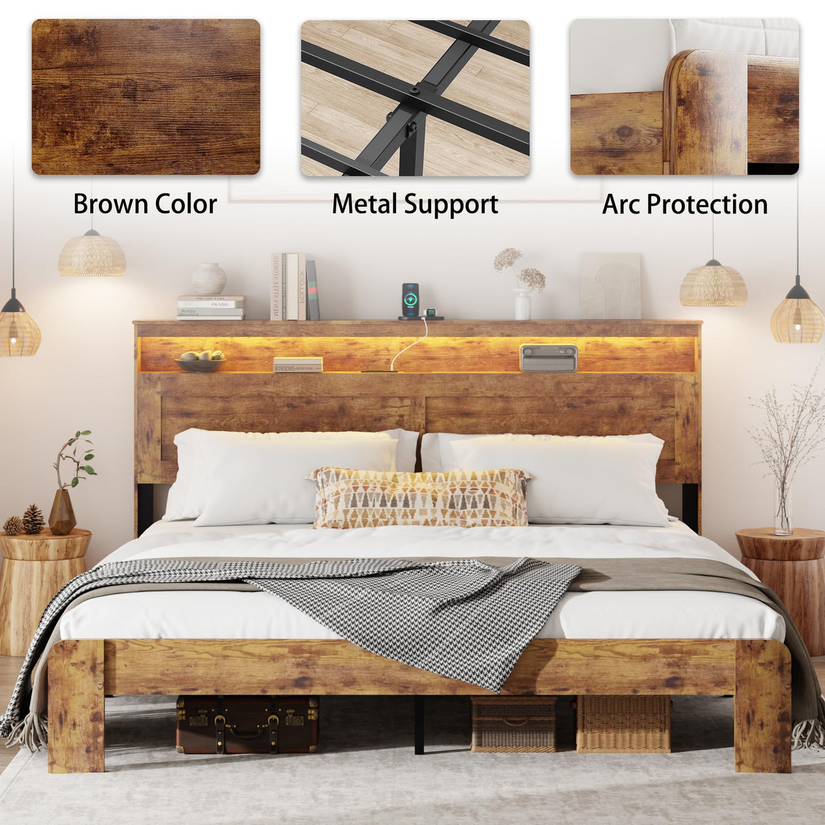 King Size Wooden Bed Frame with Storage Headboard H249420