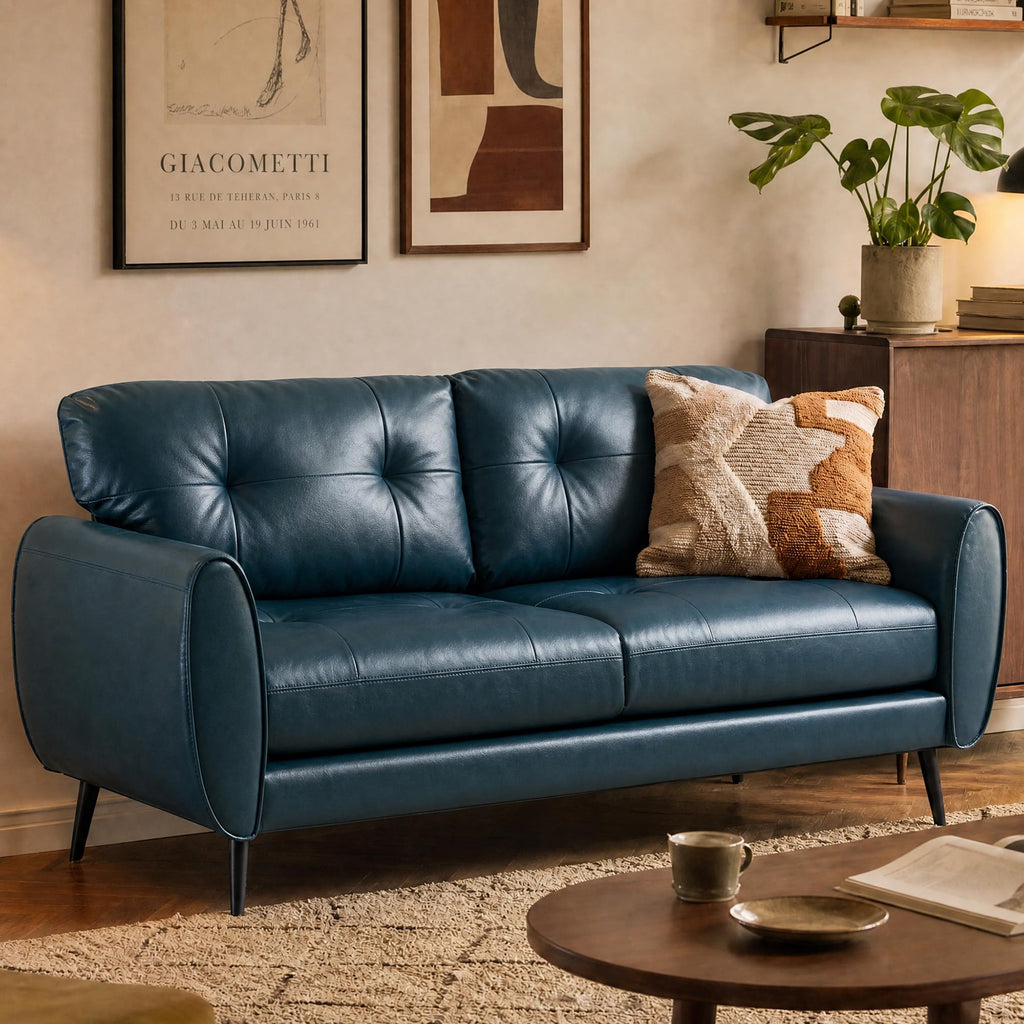 Blue Faux Leather Tufted Loveseat F19529