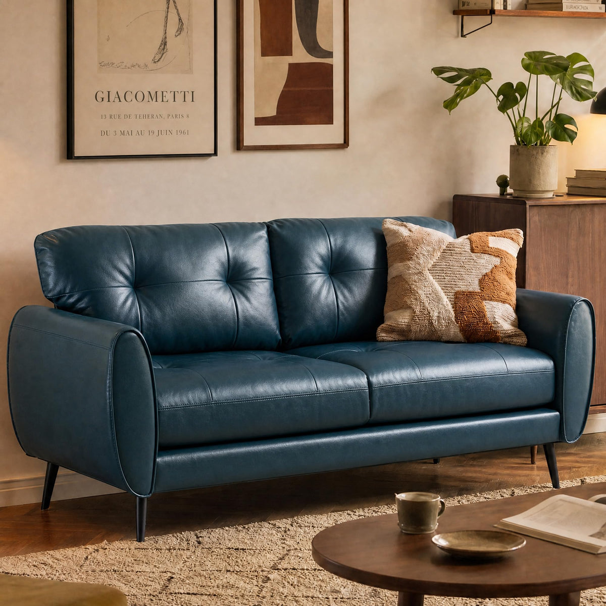 Blue Faux Leather Tufted Loveseat F19529