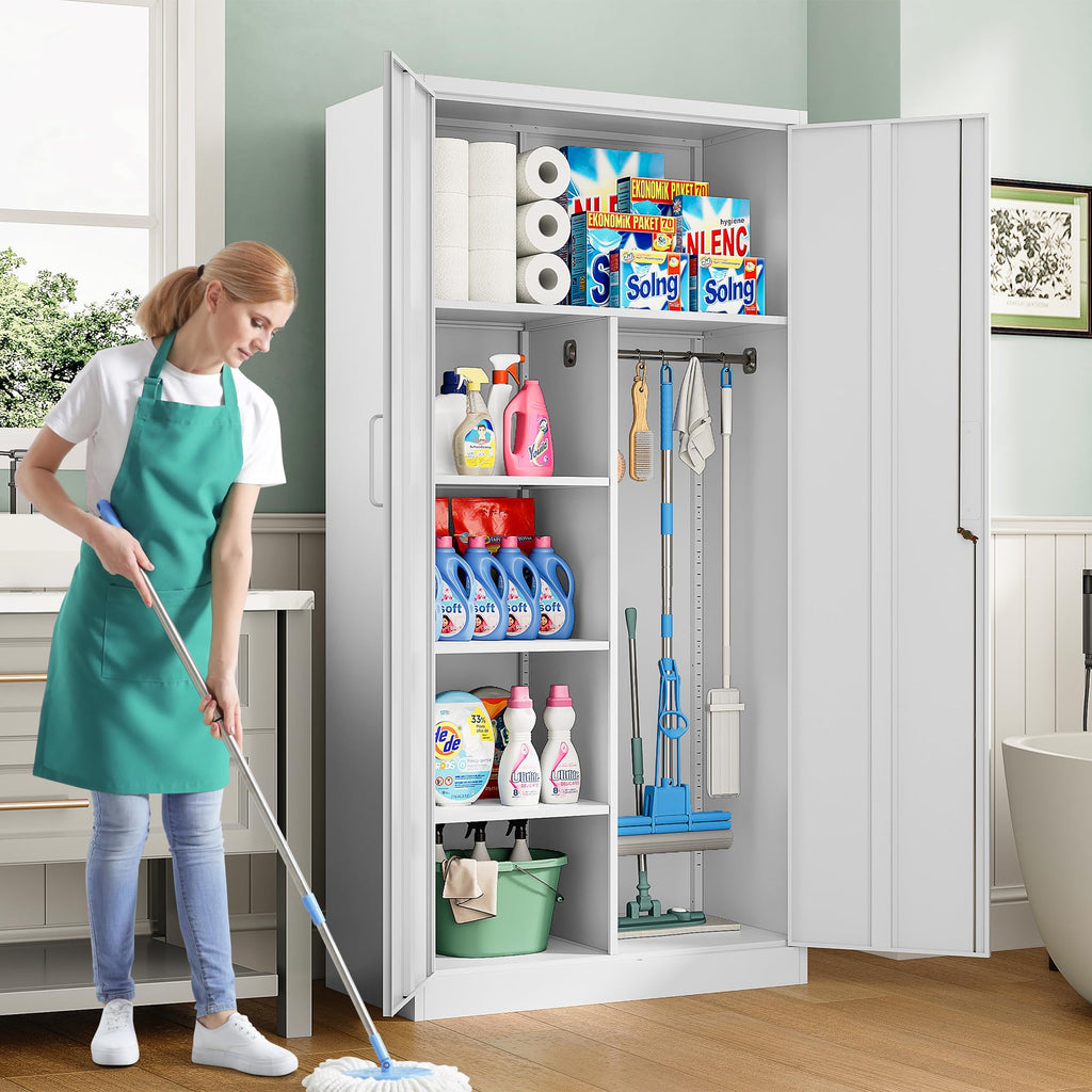 White Metal Storage Cabinet with Hanging Rod and Lock L92996