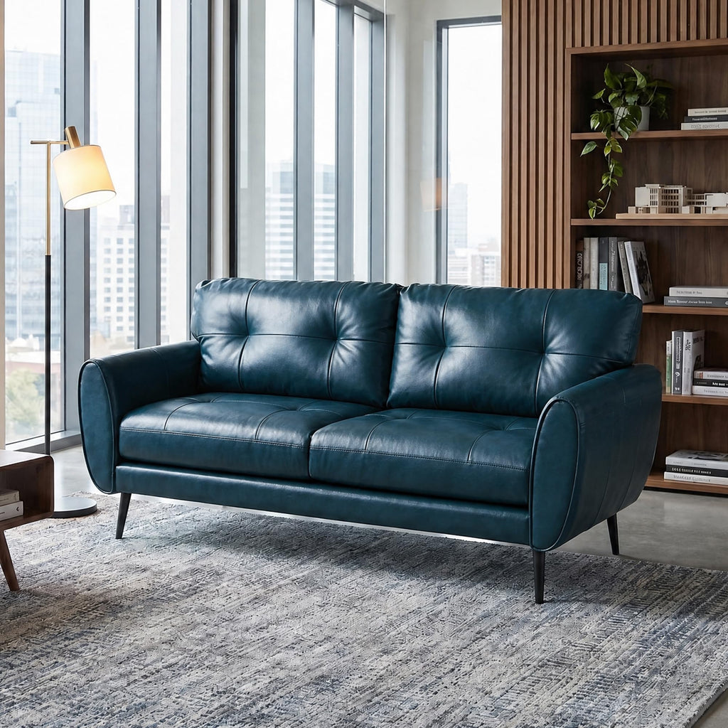 Blue Faux Leather Tufted Loveseat F19529