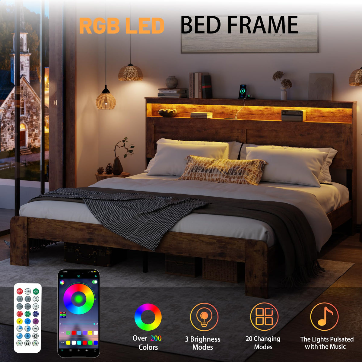 King Size Wooden Bed Frame with Storage Headboard H249420